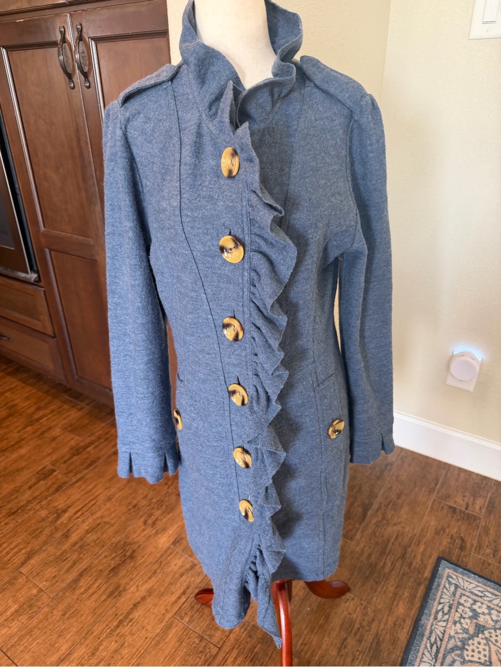 Luii Anthropologie Autumn Ingenue Boiled Wool Ruffle Coat Jacket Blue  L